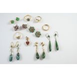 A QUANTITY OF JEWELLERY including a pair of ruby and diamond earrings, a pair of turquoise and pearl
