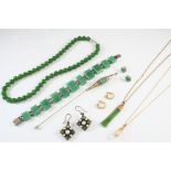 A QUANTITY OF JEWELLERY including a pair of emerald and diamond half hoop earrings, set in 18ct