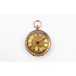 A 14CT GOLD OPEN FACED POCKET WATCH the gold foliate dial with black Roman numerals and subsidiary