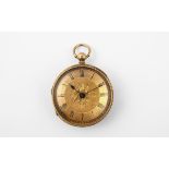 AN 18CT GOLD OPEN FACED POCKET WATCH the gold foliate dial with black Roman numerals, hallmarked for