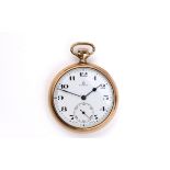 A 9CT GOLD OPEN FACED POCKET WATCH BY OMEGA the signed white enamel dial with black Arabic