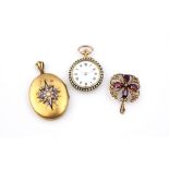 A VICTORIAN GOLD, ENAMEL AND PEARL SET LOCKET PENDANT 4cm long, together with a lady's pearl and