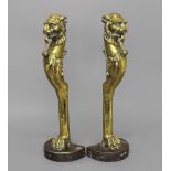 A PAIR OF BRASS FIRE DOGS OR DOOR PORTERS, in the form of horned mythical beasts, on lion paw feet