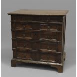 AN OAK CHEST OF DRAWERS, late 17th or early 18th century, the moulded top above five graduated