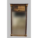 A REGENCY PIER MIRROR, the rectangular plate flanked by columns beneath a 19th century watercolour