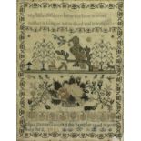 A GEORGE IV SAMPLER, by Eliza Dannell, dated 1822, worked with a bird on a branch surrounded by