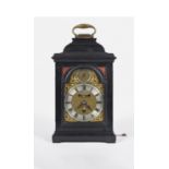 A GEORGE II EBONISED TABLE MANTEL CLOCK, of small proportions, the 5" dial with silvered Roman and