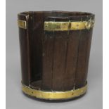 A GEORGE III MAHOGANY PLATE BUCKET, of coopered form with brass banding, lacking handle, height