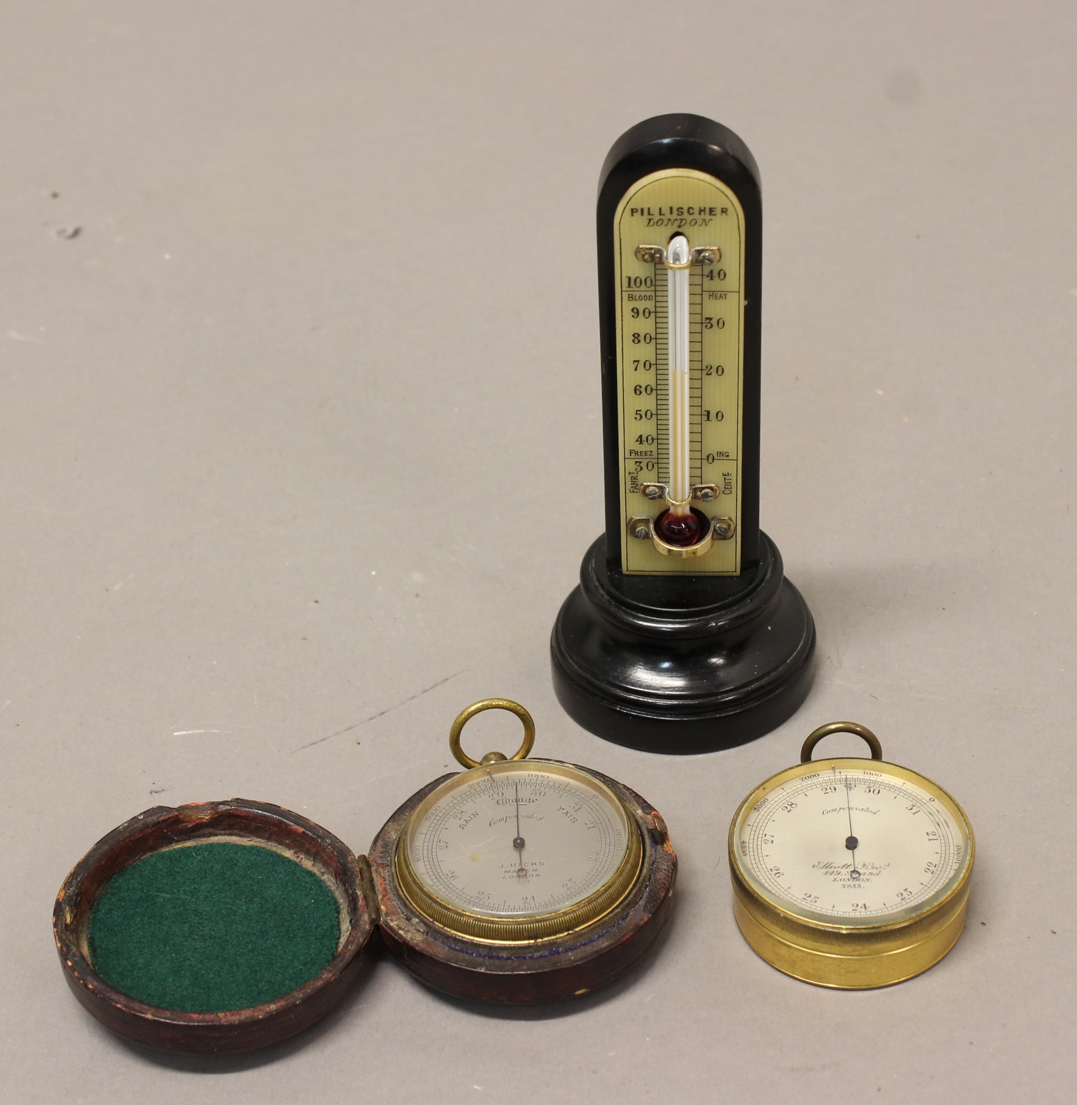 A 19TH CENTURY POCKET COMPENSATED BAROMETER, the silvered dial signed J.Hicks, Maker London, 5394,