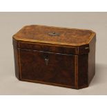 A REGENCY INLAID BURR WOOD TEA CADDY, the interior with twin-lidded canisters, height 13cm