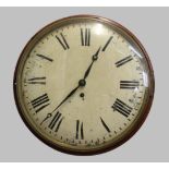 A 19TH CENTURY MAHOGANY WALL CLOCK, the 12" cream painted dial with Roman numerals on a brass