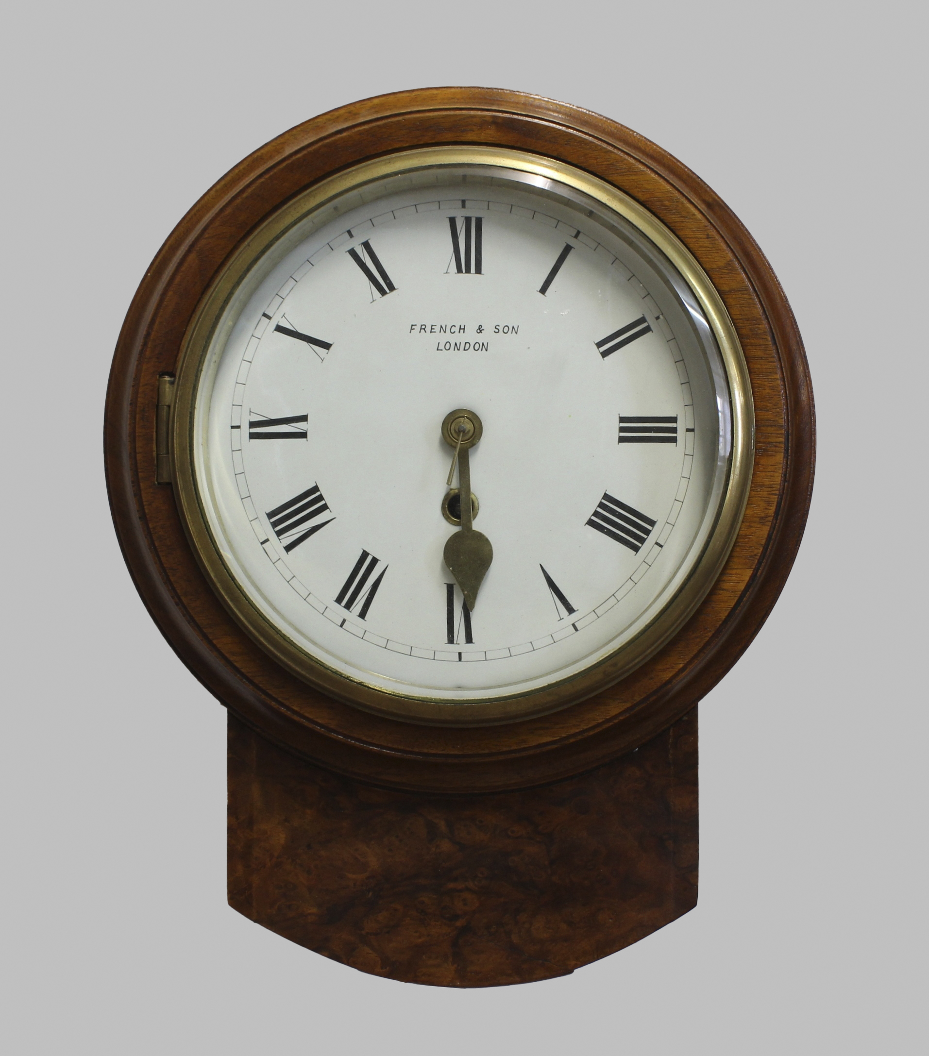 A WALNUT WALL CLOCK, the 7 1/2" dial signed French & Son, London, on a brass single fusee movement