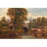 WILLIAM VIVIAN TIPPET (1833-1910). CATTLE WATERING BY A VILLAGE BRIDGE. Signed, oil on canvas , 50 x