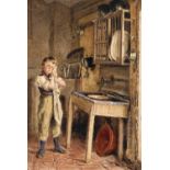 WILLIAM HENRY HUNT (1790-1864). A YOUNG BOY WASHING AT THE KITCHEN SINK. Signed and indistinctly