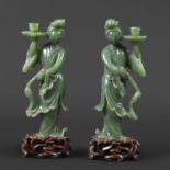 BOXED CHINESE JADE FIGURES & STANDS - WITH ORIGINAL RECEIPT, 1960. A pair of mid 20thc jasper jade