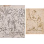 NETHERLANDISH SCHOOL. A MALE SAINT, SAVAGE ANIMALS AT HIS SIDE, STANDING IN A STREAM IN A WOODLAND