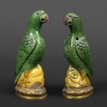 PAIR OF 18THC CHINESE PORCELAIN PARROTS & ORMOLU MOUNTS. A pair of small green glazed Parrots,