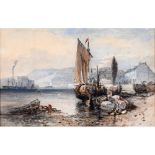 JOHN SKINNER PROUT (1806-1876). BEACHED BOATS IN A HARBOUR. Signed and dated 1855, watercolour