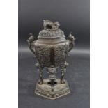 CHINESE BRONZE CENSER. Probably late 19thc, the bronze censor of hexagonal form, each panel of