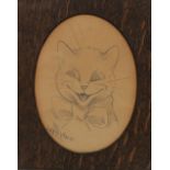 LOUIS WAIN (1860-1939). CAT WITH A BOW TIE. Signed, pencil, mounted oval , 18 x 13cm. * Paper time-