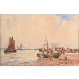 THOMAS BUSH HARDY (1842-1897). FISHERFOLK ON THE SHORE. Signed, watercolour , 9 x 14cm. * Slightly