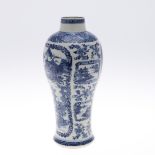 CHINESE EXPORT BLUE & WHITE VASE. A 18thc baluster shaped vase, painted with similar panels of