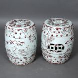 PAIR OF CHINESE PORCELAIN BARREL SEATS. A pair of 20thc red and white porcelain barrel seats, each