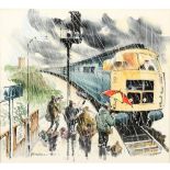 JOHN JENSEN (1930-2018). TRAIN SPOTTERS. (d) Signed, watercolour with pen and black ink and