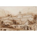 THOMAS ALLOM (1804-1872). THE GRAND TEMPLE AT POO-TOO, CHUSAN ISLANDS. Pencil and sepia washes ,