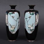 PAIR OF JAPANESE CLOISONNE VASES. Meiji Period, the shaped panels with depictions of birds on