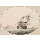 SAMUEL ATKINS (FL.1787-1808). FRIGATE IN CHOPPY WATERS. Signed, watercolour with pen and ink,