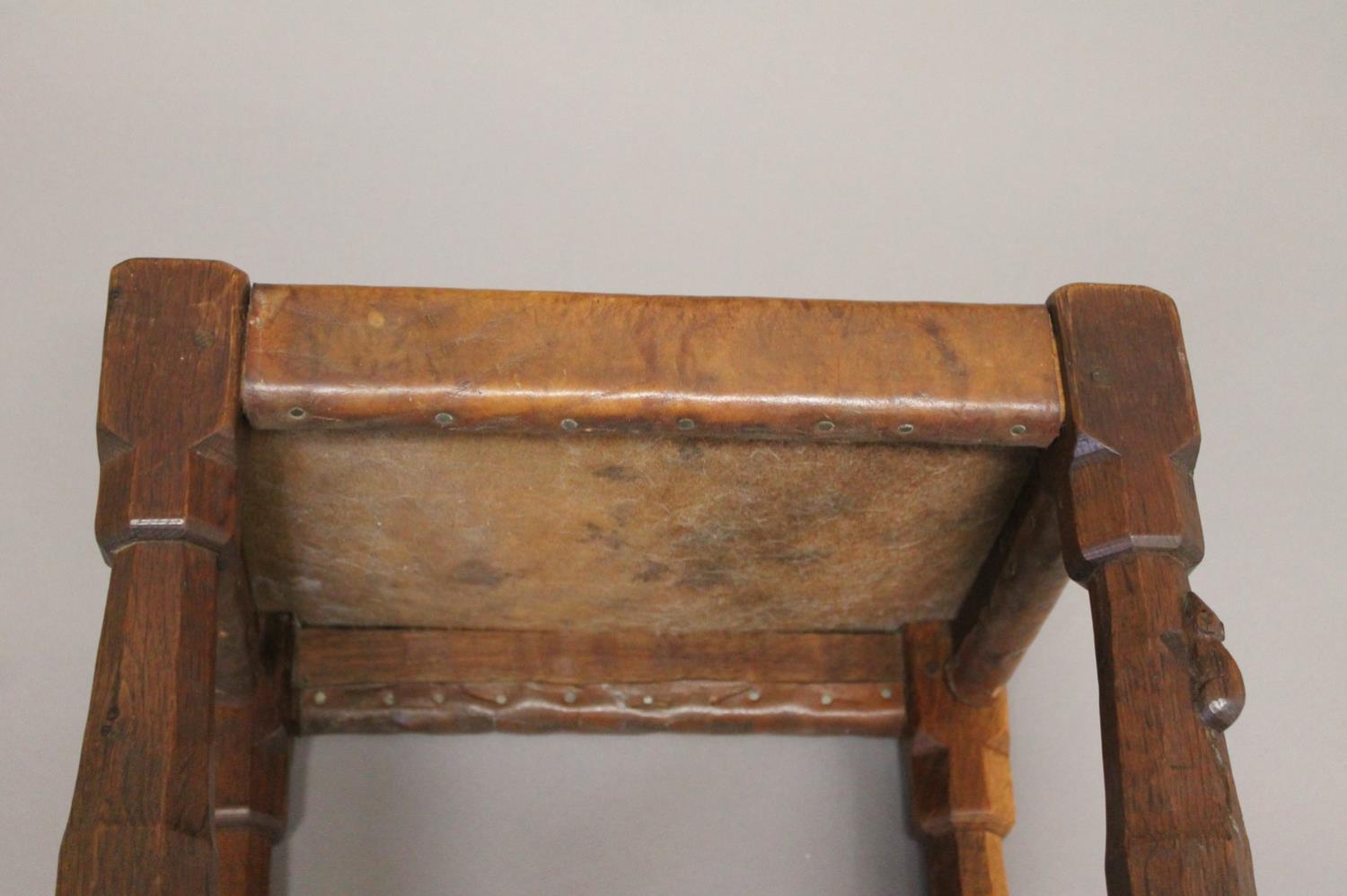 ROBERT THOMPSON OF KILBURN - EARLY MOUSEMAN STOOL. An oak stool with a solid leather seat and - Bild 11 aus 12