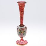 LARGE BOHEMIAN GLASS VASE. A large slender bohemian glass vase, the top section and base in ruby