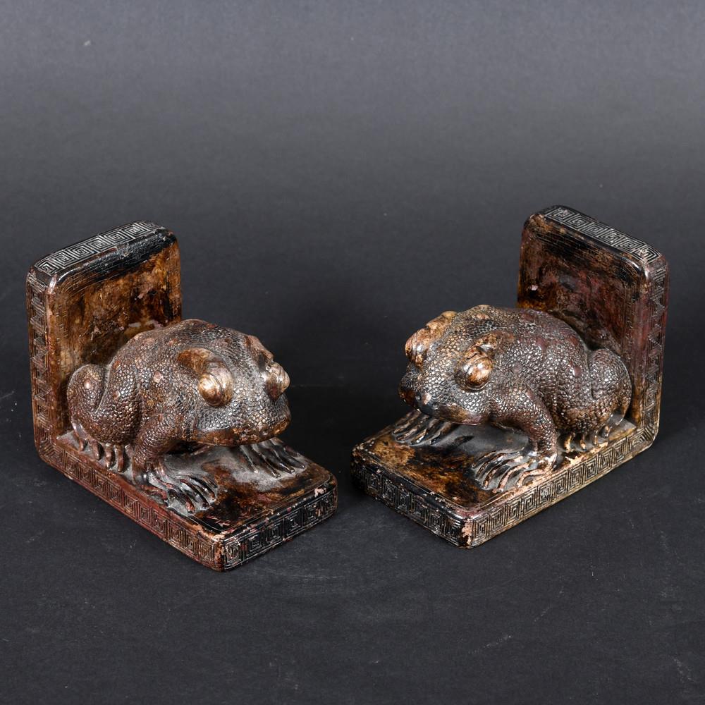 PAIR OF CHINESE SOAPSTONE BOOKENDS - FROGS. A pair of carved soapstone bookends in the form of a