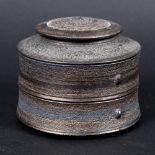 JASON WASON (B 1946) - LIDDED POT. (d) With a dome top lid, horizontal bands and lugs to each