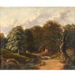 GEORGE VINCENT (1796-1832). Follower of. WOODLAND ROAD WITH HORSE, FIGURE AND SHEEP. Oil on canvas ,