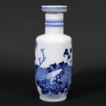CHINESE BLUE & WHITE ROULEAU VASE. A late 19thc rouleau shaped shouldered vase, painted with flowers