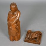 LARGE CARVED WOODEN SCULPTURE - MOTHER & CHILDREN. A large carved wooden figure of a mother