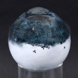 SHELLEY JAMES (BRITISH) - GLASS SCULPTURE 'POWER DEVIATION'. A white and blue glass sphere, with a