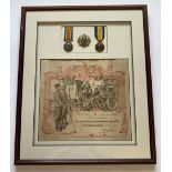A FIRST WORLD WAR PAIR, BADGE AND SCROLL TO THE ROYAL SCOTS.