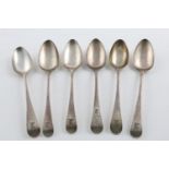 SIX GEORGE III TABLE SPOONS:-. Old English Pattern, London made, 1787-1813, mixed makers, all