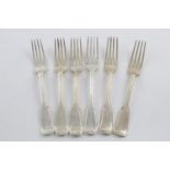 A SET OF SIX GEORGE III IRISH TABLE FORKS. Fiddle and Thread Pattern, monogrammed, maker's mark "IS"