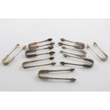 NINE PAIRS OF SUGAR TONGS:-. 3 Victorian Fiddle Pattern pairs, a pair of Victorian Exeter-made