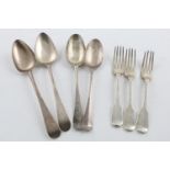 MISCELLANEOUS FLATWARE:-. a set of three York-made Fiddle Pattern forks, crested, by James Barber,