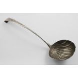 A GEORGE III IRISH HOOK-END SOUP LADLE. with a fluted circular bowl and a chased upper stem, maker's