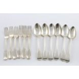 A GEORGE III/IV MATCHED SET OF SIX FIDDLE AND THREAD TABLE SPOONS. by two makers, 1808-25,