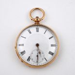 A 15CT GOLD OPEN FACED POCKET WATCH. the white enamel dial with Roman numerals and subsidiary
