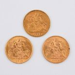 THREE GOLD HALF SOVEREIGNS. 1896 and two for 1914. **BP 22.5% inc VAT + Lot Fee of £8