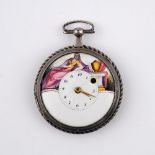 A CONTINENTAL OPEN FACED POCKET WATCH. the white enamel dial depicting a scene of a lady seated by