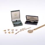 A QUANTITY OF JEWELLERY. including a lady's Art Deco diamond wristwatch on a black ribbon band, a